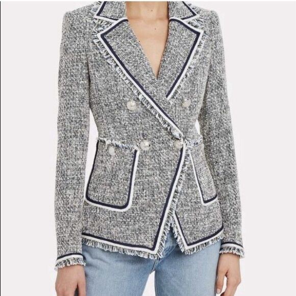 Veronica Beard Jackets & Blazers - Veronica Beard Theron Tweed Fringe Navy White Frayed Trim Career Blazer Size 12